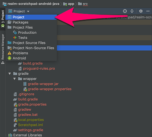 Select 'Project' in the view dropdown location indicated in Android Studio